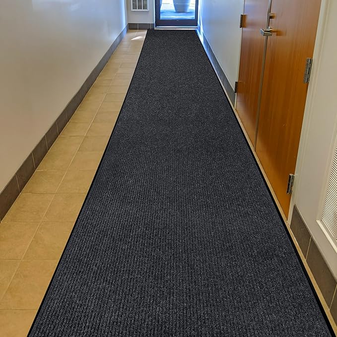 Durable Rubber Door Mat - Heavy Duty, Indoor/Outdoor, Easy Clean, Waterproof, Low-Profile Mat for Entry, Patio, Garage - Stylish (Charcoal, 16' x 3' (Mud Trapper)) by MaxMat