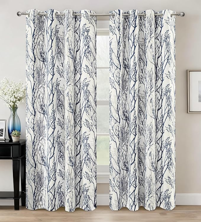DriftAway Linen Printed Blackout Curtains Tree Branch Pattern Double Layer 84 Inches Long for Bedroom Classic Thermal Insulated Summer Sound Lined Grommet Drapes for Living Room 2 Panels Blue/Linen by DriftAway