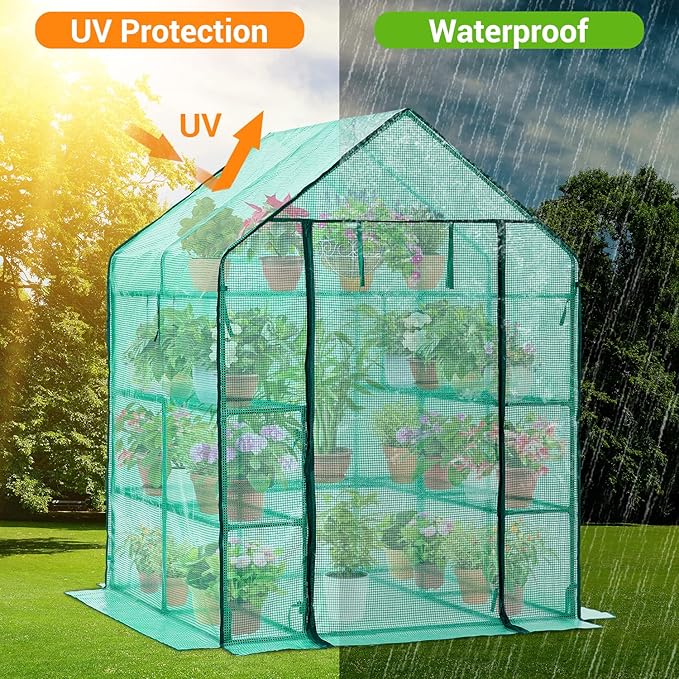 Greenhouse for Outdoors with Screen Windows, Ohuhu Upgraded 4 Tiers 11 Shelves Walk-in Greenhouses with Durable PE Cover, Outside Garden Plastic Green House with Ground Pegs & Ropes for Stability - Image 4
