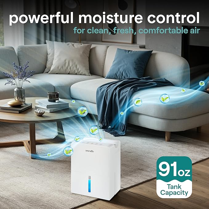 SereneLife 2-in-1 91 Oz Dehumidifier For Home, Bedroom, Bathroom, Basement with Removable Cylinder & Drying Base, Timer, Sleep Mode, & Smart Humidity Control, Covers 1200 Sq Ft 9 x 6 x 13 in, White - Image 2