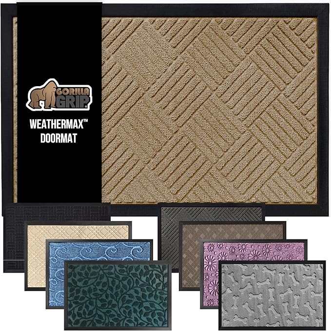 GORILLA GRIP 100% Waterproof All-Season WeatherMax Doormat US Designed Natural Rubber, Stain and Fade Resistant, Low Profile Indoor Outdoor Door Mats, Easy Clean Patio Mat, 17x29, Beige Diamond by GorillaGrip