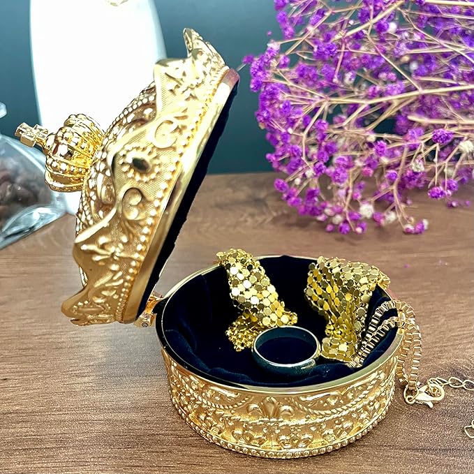 Crown Shape Jewelry Chest,Yurt Style Vintage Metal Gem Box,Round Alloy Retro Patterned Storage Case (Golden, M) - Image 3