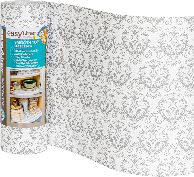 Smooth Top EasyLiner for Cabinets & Drawers - Easy to Install & Cut to Fit - Shelf Paper & Drawer Liner Non Adhesive - Non Slip Shelf Liner for Kitchen & Pantry - 12in. x 24ft. - Gray Damask by DuckBrand