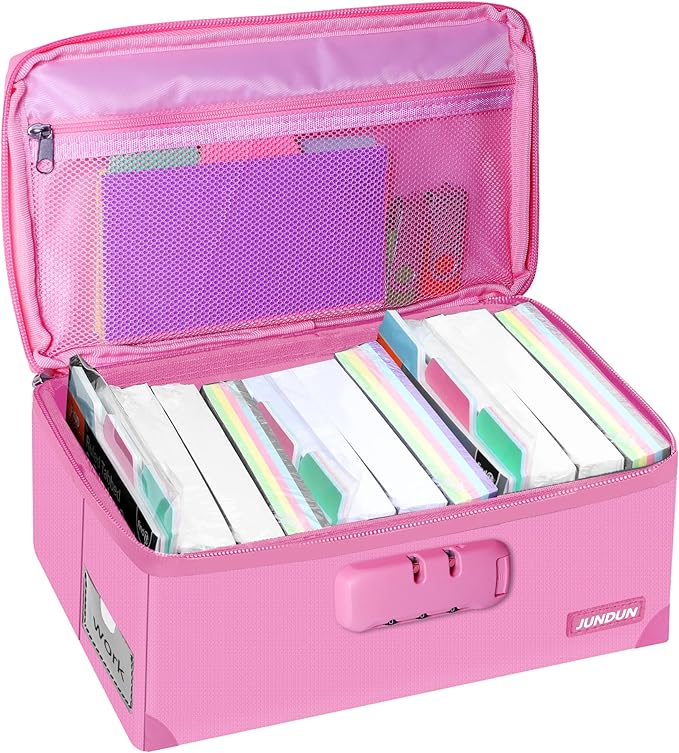 JUNDUN Index Card Holder with Lock,Collapsible Fireproof Index Card Box fits 1200 3x5-Inch Flash Cards - Business, Recipe, or Note Card Storage Boxes - Pink by JUNDUN