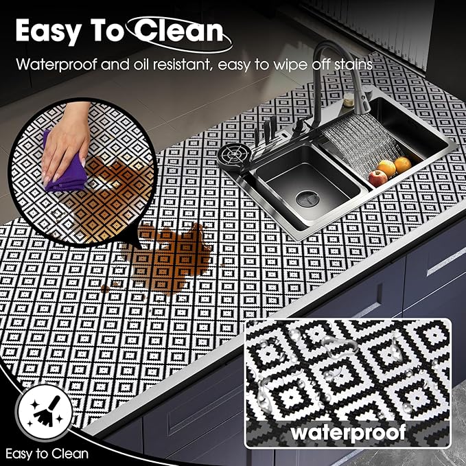 Drawer and Shelf Liner, Non-Slip Kitchen Cabinet Liners Non-Adhesive Thick Strong Grip Waterproof Washable Mats Protect Dresser Shelves Cupboard Bathroom Cabinets, Black & White, 18 in X 10 FT - Image 3