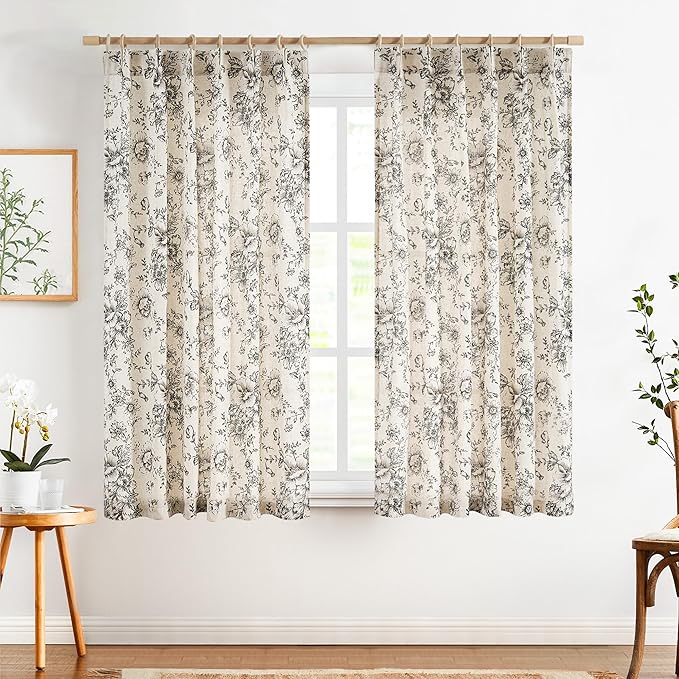jinchan Pinch Pleated Curtains Floral Linen Blend Curtains for Living Room 63 Inch Length Black Peony Flower Printed Curtain Rod Pocket Back Tab Farmhouse Pinch Pleat Drapes with Hooks Set 2 Panels - Image 2