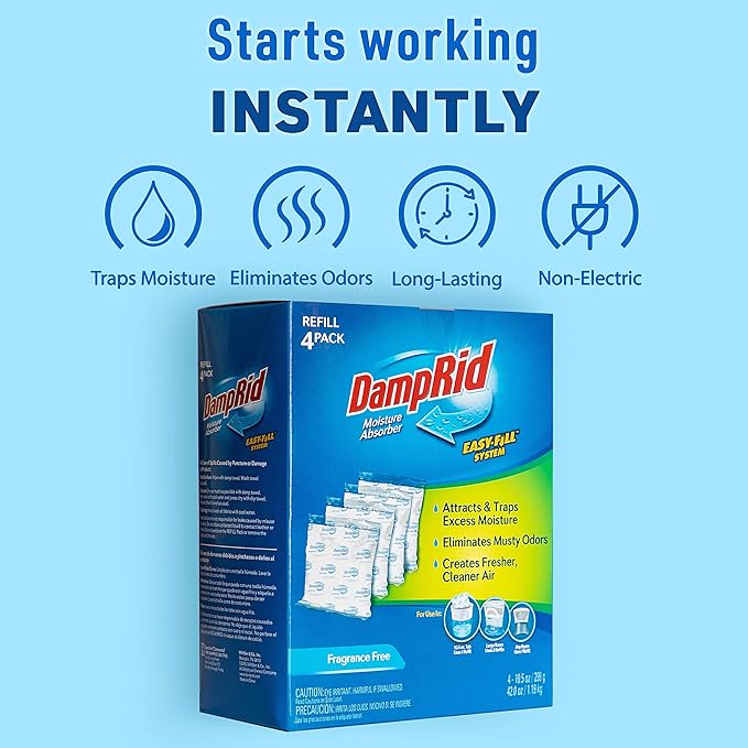 DampRid - Fragrance Free Moisture Absorber 10.5 oz. Easy Fill Refill Packs - 4 count – Attracts & Traps Moisture for Fresher, Cleaner Air - Image 6