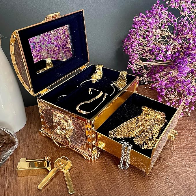 Retro Jewelry Box Arched Vintage Rectangular Metal Chest Necklace Ring Earrings Storage Case for Women Girls (Golden Starlight Red, L Lock) - Image 4