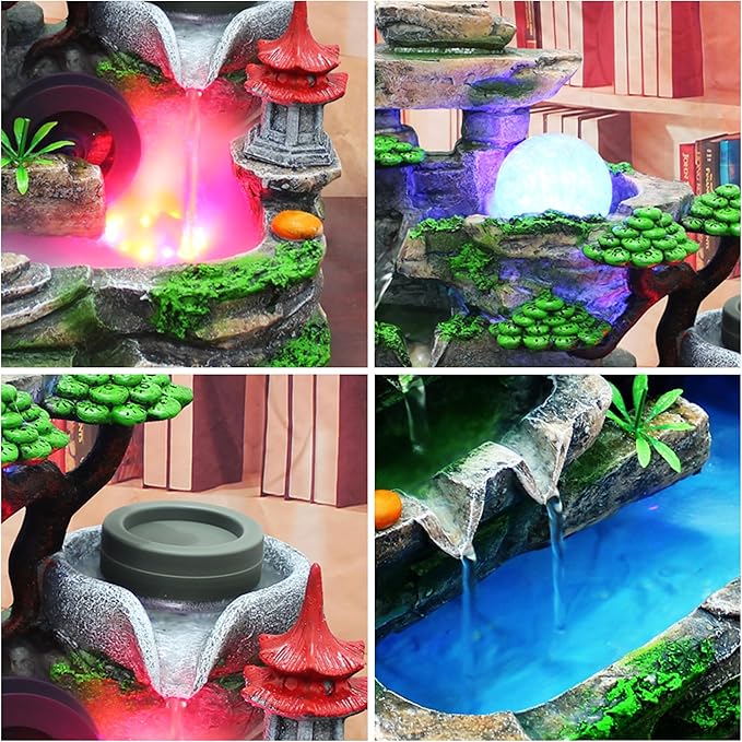 Creative Tabletop Water Fountain with LED Light & Atomizer, Indoor Waterfall Home Decor Best Festival Birthday Gift for/Boys, 10Inch Desktop Small Mini Size, Stream Rock Cavern Falls Bonsai - Image 3
