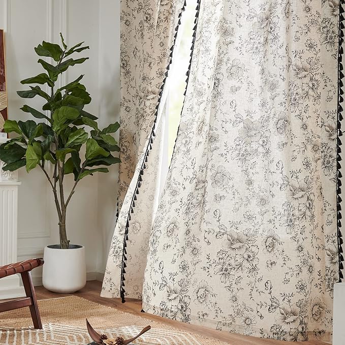 jinchan Linen Blend Curtain Floral Curtains for Living Room 63 Inch Length Printed Curtains with Tassels Rod Pocket Farmhouse Rustic Peony Flower Patterned Drapes Bedroom Window Curtains Set 2 Panels - Image 5