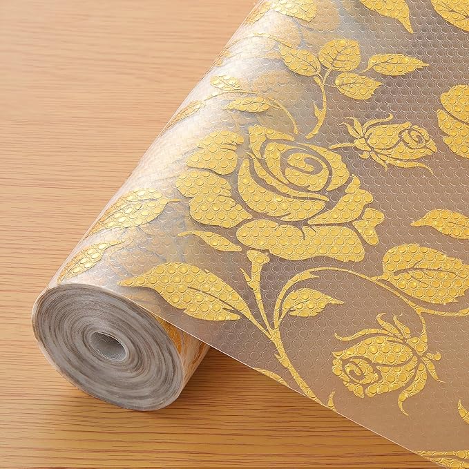 INNOLITES Shelf Liner for Cabinets, Non-Adhesive for Kitchen Drawer Liner, Waterproof Shelf Paper with Floral Pattern, Durable Easy to Clean (Golden Rose, 11.8" x 236") by INNOLITES