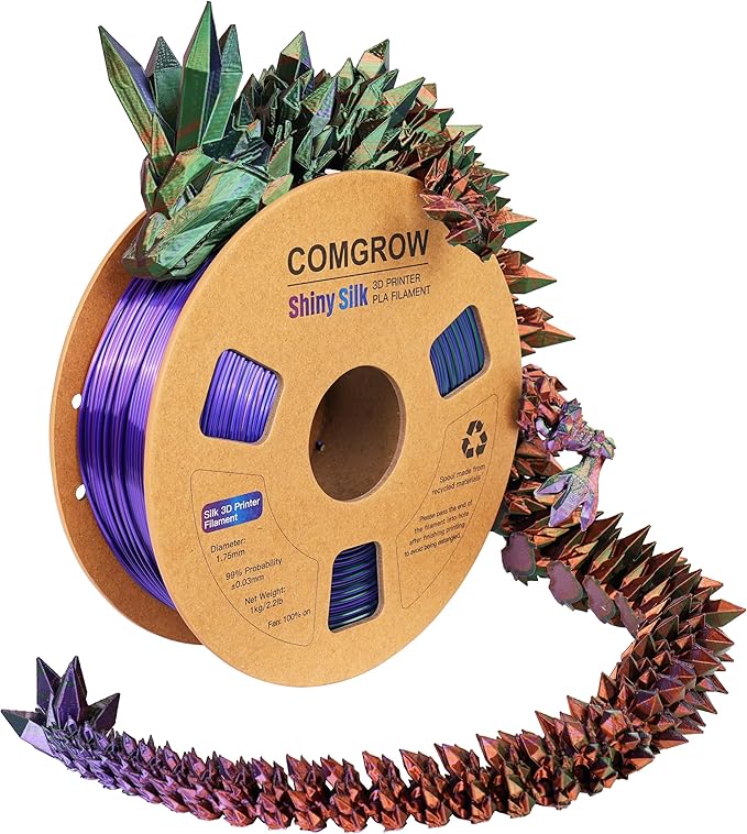 Comgrow Tri-Colors Silk PLA 3D Printer Filament, Rainbow PLA Filament 1.75mm, Dimensional Accuracy +/- 0.02 mm, 1KG Spool, Coextrusion 3D Filament with Shiny Silk Copper-Green-Purple by Comgrow