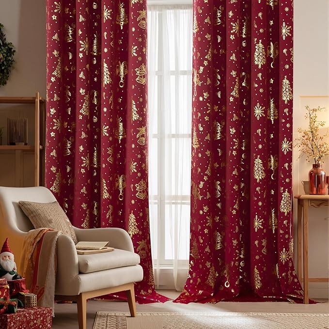 NICETOWN 2 Panels Christmas Red Curtains 42 x 84 Inch, Gold Stamped Rod Pocket Curtain Drapes for Holiday Season, Xmas Home Decor, Festive Window Treatments for Bedroom, Seasonal Curtain Set by NICETOWN