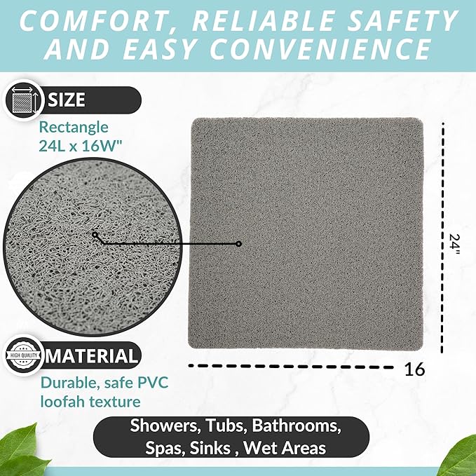 Enkosi Loofah Shower Mat Non Slip – Square Anti Slip Bath Mat for Inside Showers, Bathtub, Tub, Bathroom - Grey, Cushioned, Quick Dry PVC, with Drain Holes - Secure Grip Safety Pad (Grey 24x24) - Image 3