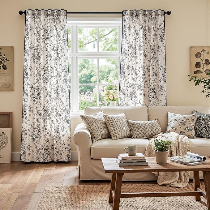 JINCHAN Linen Blend Floral Curtains French Country Curtain for Living Room 84 Inch Length Black Printed Curtain Rod Pocket Back Tab Farmhouse Peony Flower Patterned Drapes Window Curtains Set 2 Panels - Image 3