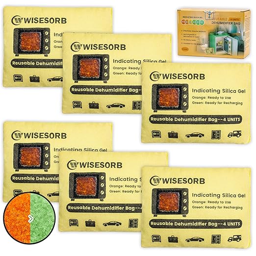 6 Pack 120G Reusable Silica Gel Desiccant Dehumidifier Bags, Color Indicating Moisture Absorbers for Car, Closet, Garage, 3D Filaments, Emoisture, Microwave Rechargeable Reusable Drying Bags by Wisesorb
