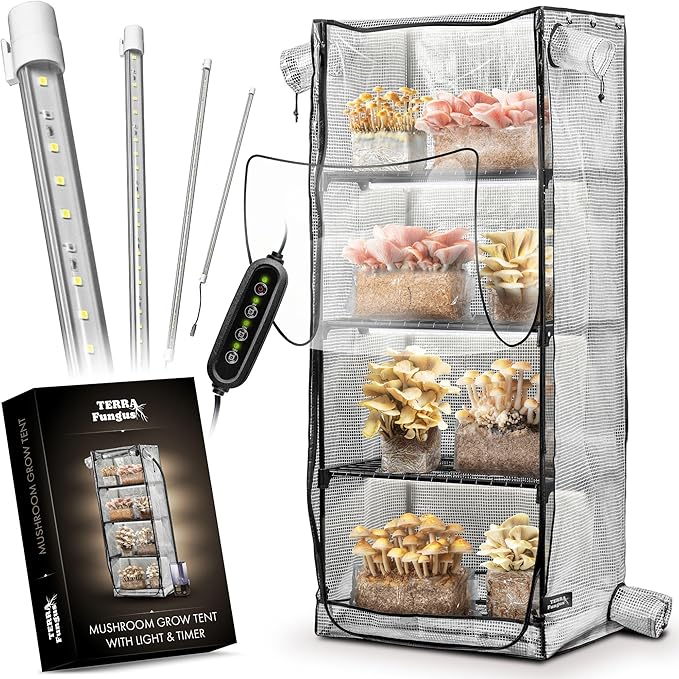 Mushroom Grow Tent with Light and Timer, 65" x 27.5" x 20" & 6500k LED, Indoor Greenhouse with Grow Light, Martha Tent for Mushroom, mini Greenhouse, 4" Vents to Insert Accessories, fits monotub by TerraFungus