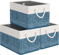 Storage Bin,Collapsible Storage Basket For Organizing,Large Storage Boxes With Rope Handles,Storage Containers,White & Blue,3 Pack by StorageTastic