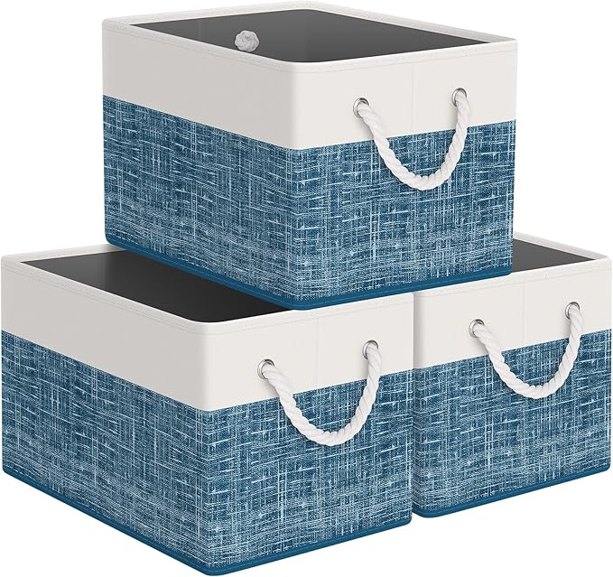 Storage Bin,Collapsible Storage Basket For Organizing,Large Storage Boxes With Rope Handles,Storage Containers,White & Blue,3 Pack by StorageTastic