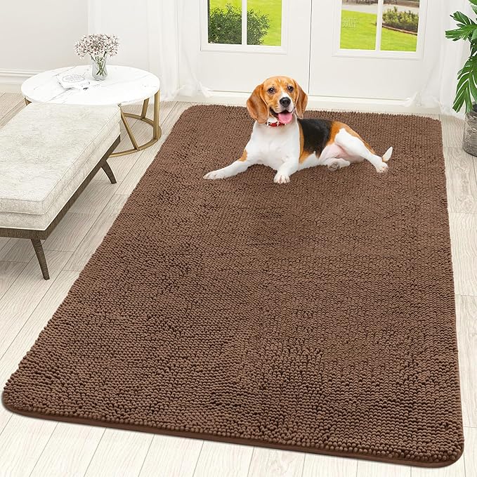 OLANLY Dog Door Mat for Muddy Paws 59x35, Absorbs Moisture and Dirt, Absorbent Non-Slip Washable Doormat, Quick Dry Chenille Mud Mat for Dogs, Entry Indoor Entryway Carpet for Inside Floor, Mocha by OLANLY