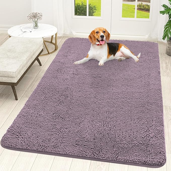 OLANLY Dog Door Mat for Muddy Paws 59x35, Absorbs Moisture and Dirt, Absorbent Non-Slip Washable Doormat, Quick Dry Chenille Mud Mat for Dogs, Entry Indoor Entryway Carpet for Inside Floor, Deep Plum by OLANLY