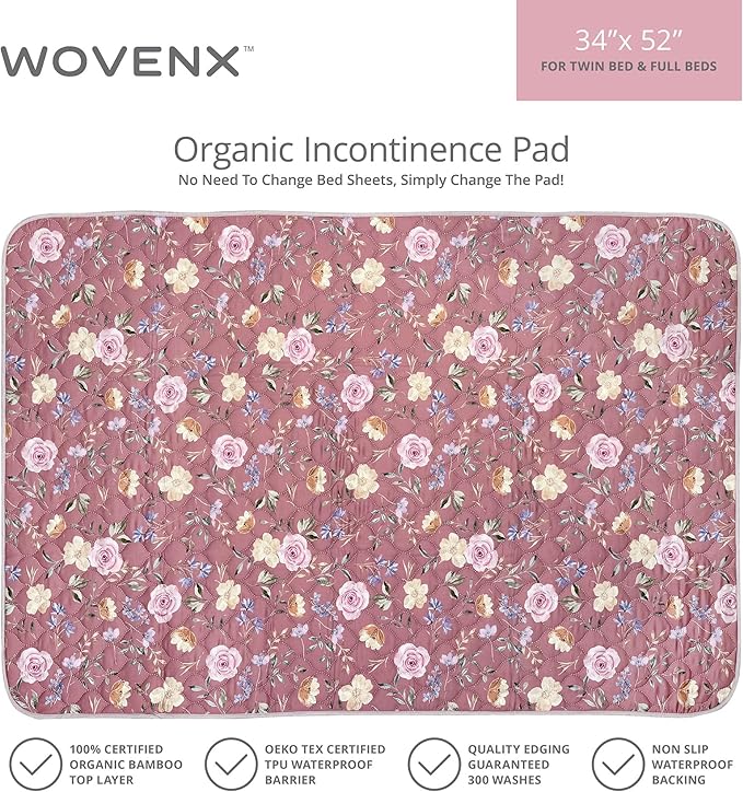 Organic Incontinence Pad for Period - Waterproof Protectors - Reusable Washable Pee Pad - Fits Twin to Full Size Beds - 100% Organic Viscose Derived from Bamboo - 34" x 52" Dark Flower - Image 6
