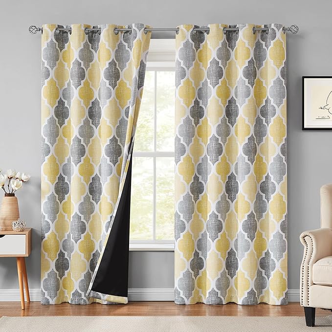 Beauoop 100% Blackout Curtains 90 Inches Long 2 Panels for Bedroom Living Room Yellow Grey Moroccan Geo Room Darkening Thermal Insulated Soundproof Grommet Top Window Treatments Drapes, 50x90 Set of 2 by Beauoop