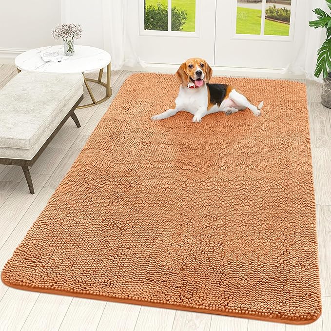 OLANLY Dog Door Mat for Muddy Paws 70x46, Absorbs Moisture and Dirt, Absorbent Non-Slip Washable Doormat, Quick Dry Chenille Mud Mat for Dogs, Entry Indoor Entryway Carpet for Inside Floor, Orange by OLANLY