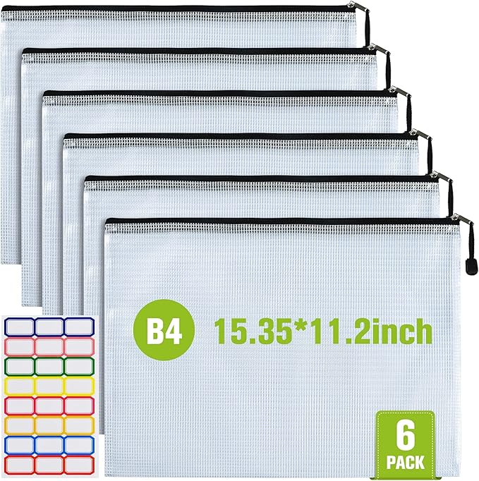 Mesh Zipper Pouch, 6PCS Waterproof Plastic Mesh ZipperBag, B4 Size Tear-Resistant Document Pouch, Extra Large Zip File Bags, for School Office Supplies Home Travel Storage(15.35×11.22 Inch) by AstenInc