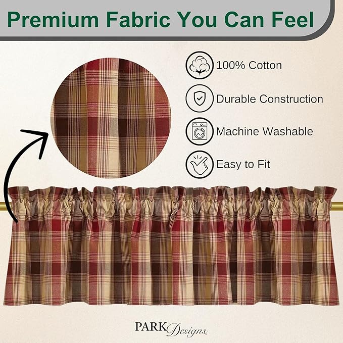 Park Designs Farmhouse Kitchen Valances for Windows - Red Heartside | Fall Decor Window Valance | Plaid Curtain Valances for Windows | 72" x 14" - Image 2