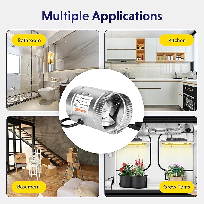 iPower 4 Inch Inline Duct Fan 100 CFM Booster Exhaust Fan with Low Noise for HVAC Ventilation in Attic, Bathroom, Basemen and Kitchen, 5.5' Grounded Power Cord Included, Silver - Image 6