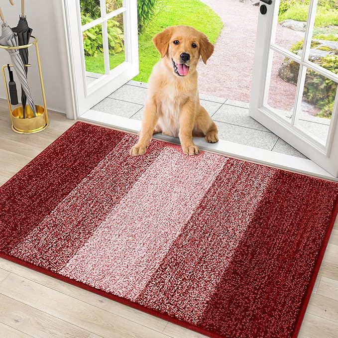 Smiry Dog Door Mat for Muddy Paws, Absorbs Moisture and Dirt, Low-Profile Entryway Mat with Non-Slip Backing, Entry Indoor Outdoor Doormat for Inside Floor (30x20 Inches, Burgundy, Striped) by Smiry