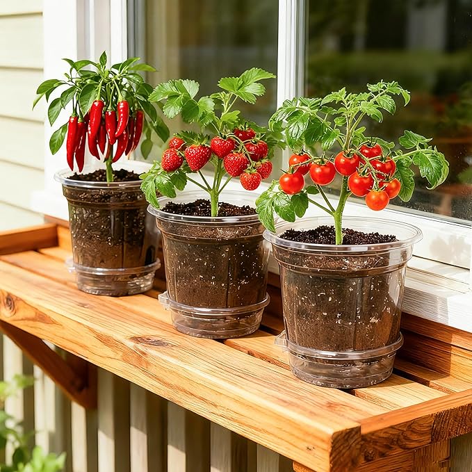 12 Pack 6.5 Inch Clear Self Watering Plant Pots with Bottom Water Tray & Watering Rope, Transparent Nursery Pots with Drainage for Seedlings, Herbs, and Houseplants - Image 7