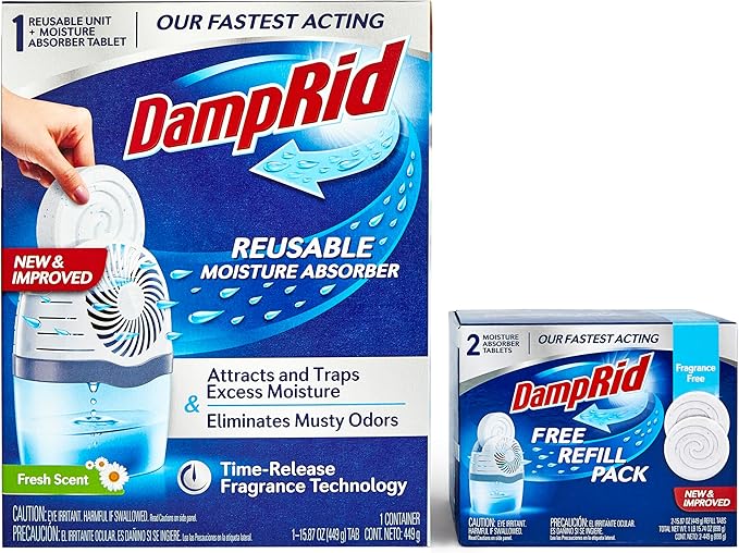DampRid Drop Starter Kit with 1 Fresh Scent Moisture Absorbing Tab Odor Eliminator for Fresher, Cleaner Air, 15 Ounces. + 1 Free Fragrance Free Refill Pack(2 Tabs). Ilios Packaging. by Ilios