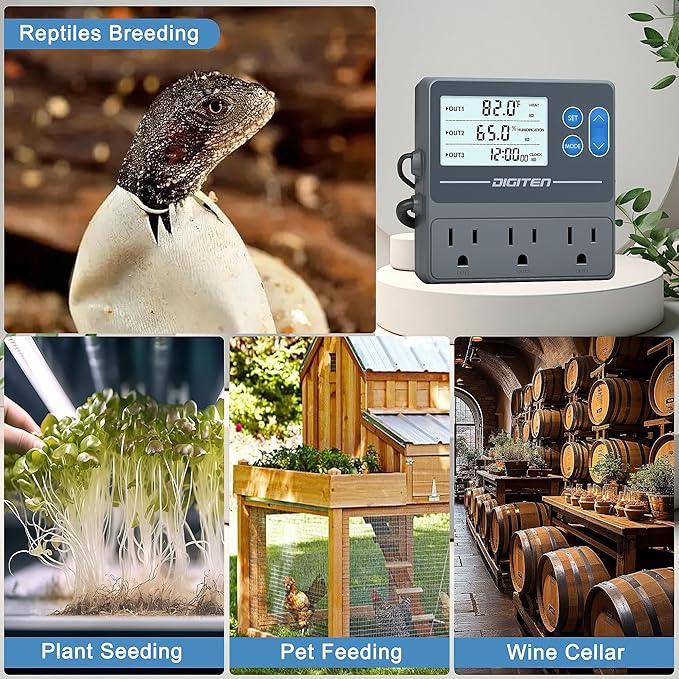 DIGITEN Reptile Temperature and Humidity Controller with Timer Outlet, Day-Night Function Thermostat, 3-Stage Outlet Plug in Temperature Controller for Reptile, Mushroom, Homebrew - Image 7