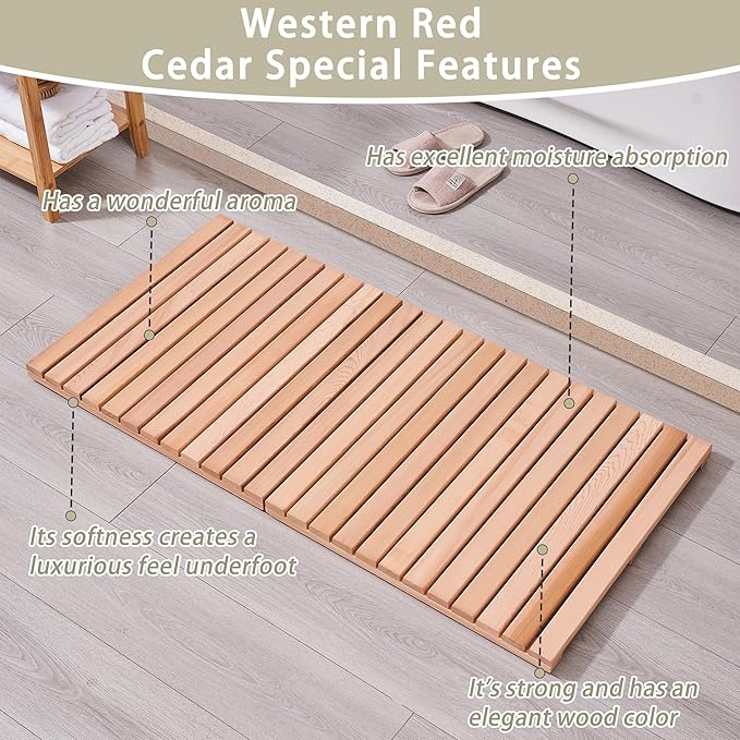 bingaai Cedar Wood Bath Mat 48 × 23.6 in, Wooden Bath Mats, Cedar Wood Shower Mat, Shower Stall Mat Non-Slip for Bathroom Bathtub Spa Sauna Garden Home, Wooden Floor Mat Large for Indoor and Outdoor - Image 2