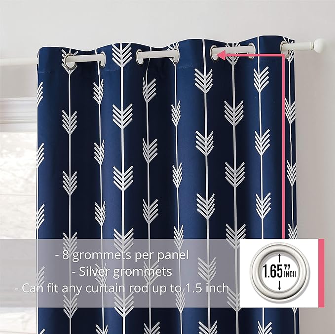 HLC.ME Arrow Printed Blackout Room Darkening Thermal Grommet Window Curtain Drape Panels for Bedroom - Set of 2 - Navy Blue - 84" inch Long - Image 2