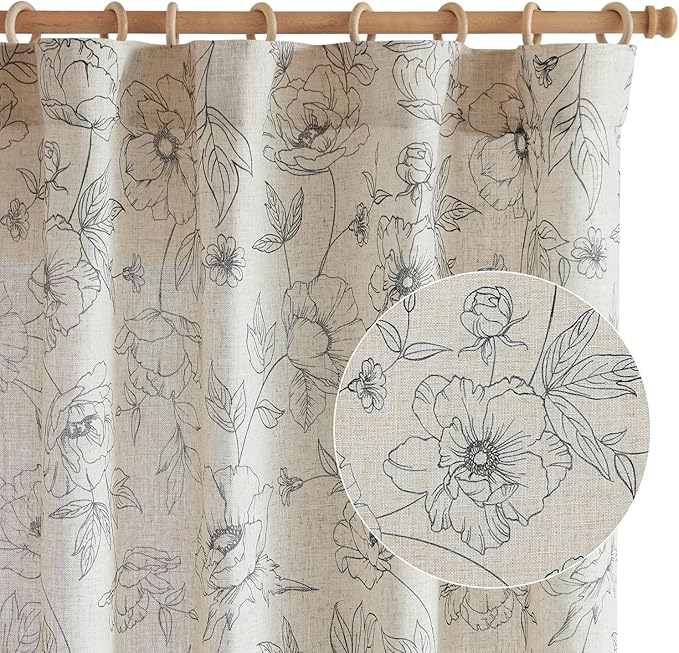 jinchan Linen Floral Curtains for Living Room 84 Inch Length Grey Flower Curtain Rod Pocket Back Tab Farmhouse Curtains with Printed Floral Bedroom Window Curtain Set, 2 Panels Gray - Image 9