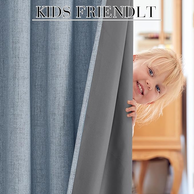 RYB HOME Smoky Blue Linen 100% Blackout Curtains for Bedroom 52 Width 120 Long, Thich Elegant Extra Long Drapes for Modern/Vintage/Farmhouse Home Decor, Thermal Insulated Window Treatment, 2 Panels - Image 6