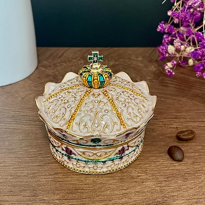 Crown Shape Jewelry Chest,Yurt Style Vintage Metal Gem Box,Round Alloy Retro Patterned Storage Case (Golden White, S) - Image 2