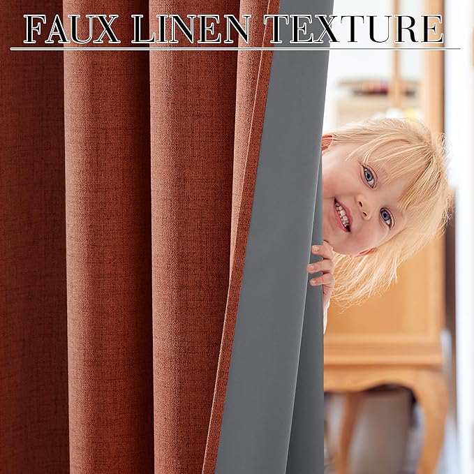 RYB HOME 100% Blackout Linen Textured Curtains 84 inches Long, Insulating Privacy Energy Saving for Bedroom Living Room Window Office Theater Dining Nursery, W 52 x L 84 in, Terracotta, 2 Panels - Image 3