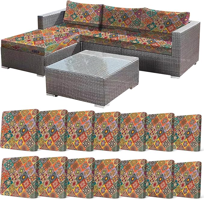 14Pcs Stretch Patio Cushion Cover, Bohemian Colored Geometric Pattern Couch Covers for Patio Furniture Cushions Washable Reusable Couch Covers Replacement for Fall Winter(Cover Only) by CALBODE
