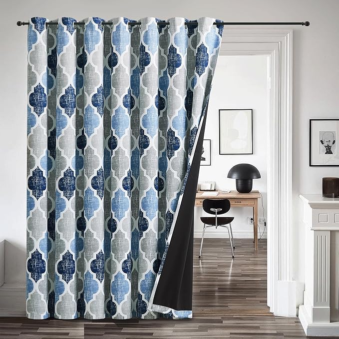 Beauoop 100% Blackout Curtains 96 Inches Long for Patio Sliding Door Blue Grey Extra Wide Moroccan Geo Room Darkening Thermal Soundproof Room Divider Grommet Window Treatment Drapes,100x96 Set of 1 by Beauoop