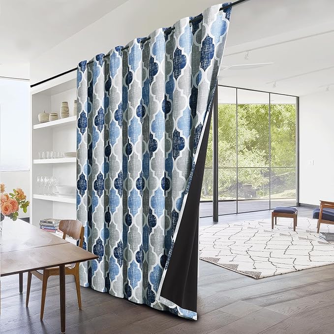 Beauoop 100% Blackout Curtains 84 Inches Long for Patio Sliding Door Blue Grey Extra Wide Moroccan Geo Room Darkening Thermal Soundproof Room Divider Grommet Window Treatment Drapes,100x84 Set of 1 - Image 3