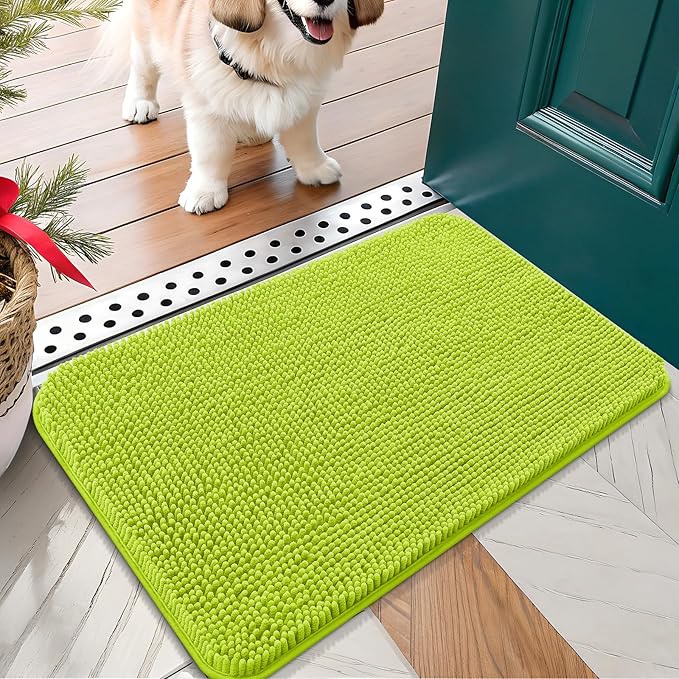 OLANLY Dog Door Mat for Muddy Paws 24x16, Absorbs Moisture and Dirt, Absorbent Non-Slip Washable Doormat, Quick Dry Chenille Mud Mat, Entry Indoor Entryway Carpet for Inside Floor, Bright Green by OLANLY