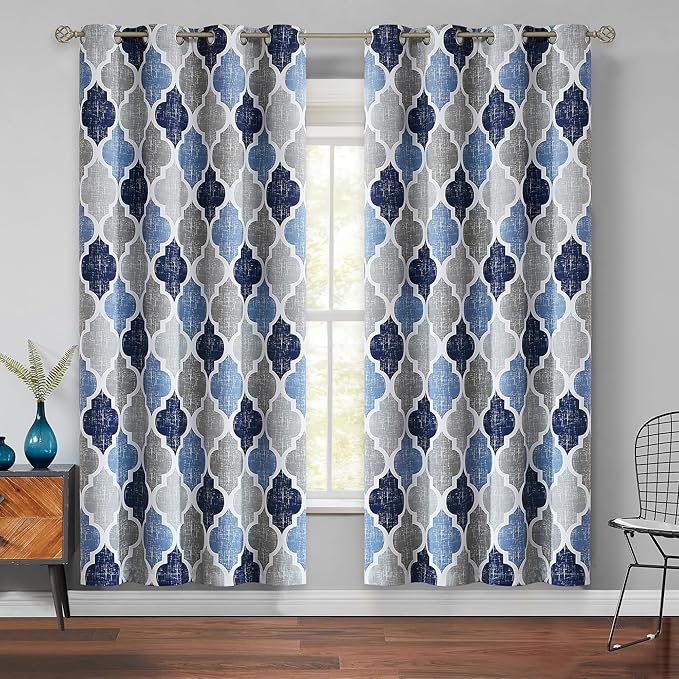 Beauoop 100% Blackout Curtains 72 Inches Long 2 Panels for Bedroom Living Room Blue Grey Moroccan Geo Room Darkening Thermal Insulated Soundproof Grommet Top Window Treatments Drapes, 50x72 Set of 2 by Beauoop