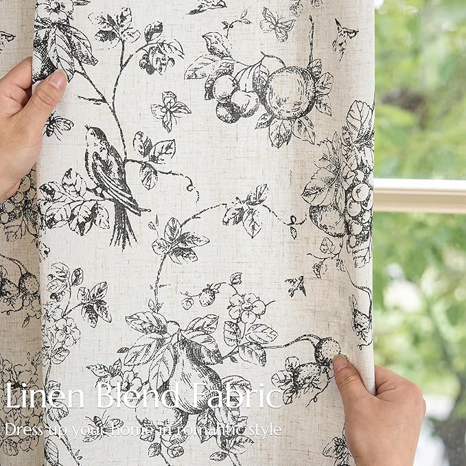 jinchan Linen Floral Curtains for Living Room 63 Inch Length Black Printed Flower Light Filtering French Country Curtain Farmhouse Cottage Core Toile Curtains Back Tab Window Drapes Set 2 Panels - Image 6