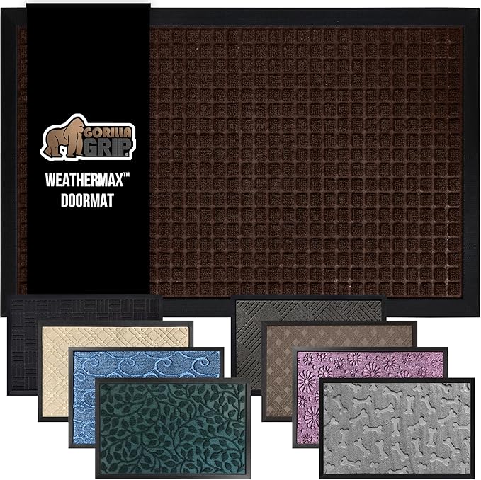GORILLA GRIP 100% Waterproof All-Season WeatherMax Doormat US Designed Natural Rubber, Stain and Fade Resistant, Low Profile Indoor Outdoor Door Mats, Easy Clean Patio Mat, 17x29, Coffee Square by GorillaGrip