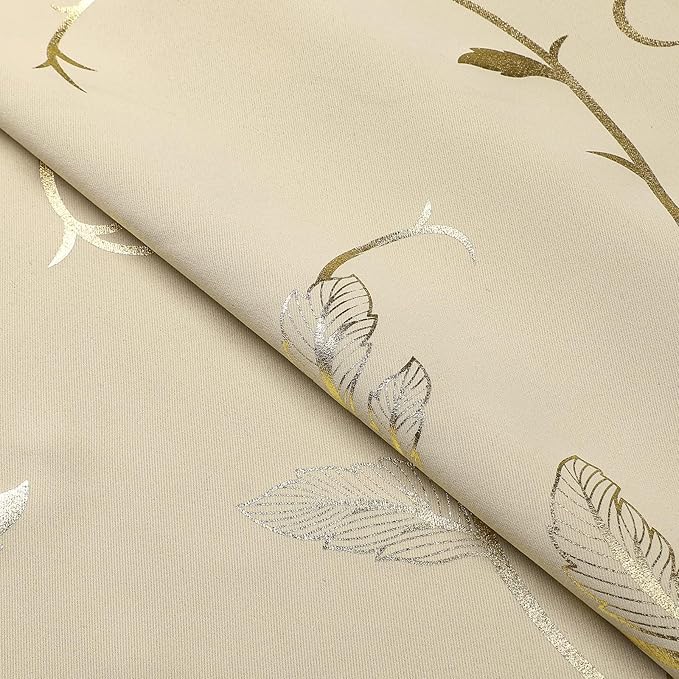 BUHUA Blackout Curtains Gold Foil Print Flower Vine Grommet Drapes, Room Darkening Thermal Insulated Curtains, Noise Reducing Blackout Curtain for Bedroom, Beige, 38Wx63L, 2 Panels - Image 6