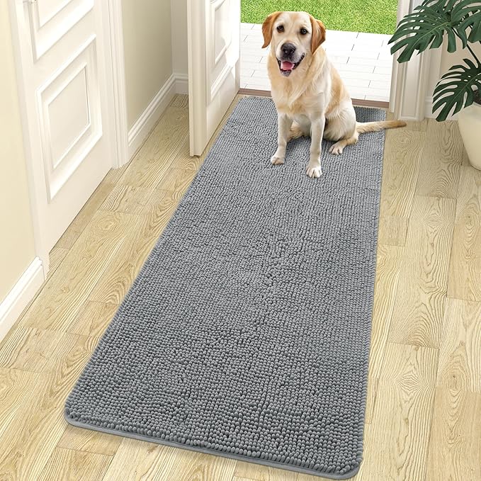 OLANLY Dog Door Mat for Muddy Paws 70x24, Absorbs Moisture and Dirt, Absorbent Non-Slip Washable Doormat, Quick Dry Chenille Mud Mat for Dogs, Entry Indoor Entryway Carpet for Inside Floor, Grey by OLANLY
